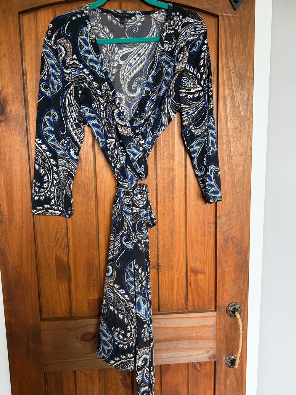 Banana Republic Black Paisley Wrap Midi Dress with Blue Accents